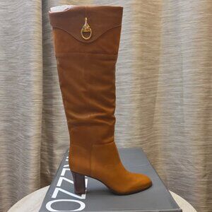 Arezzo Women's Vivian Leather Mid Block Knee High Boots Caramel